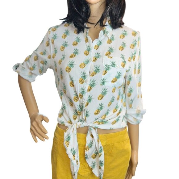 (6 for $25) Love Notes Button Down Tie Front Shirt in Pineapple Print-Medium - Picture 1 of 6